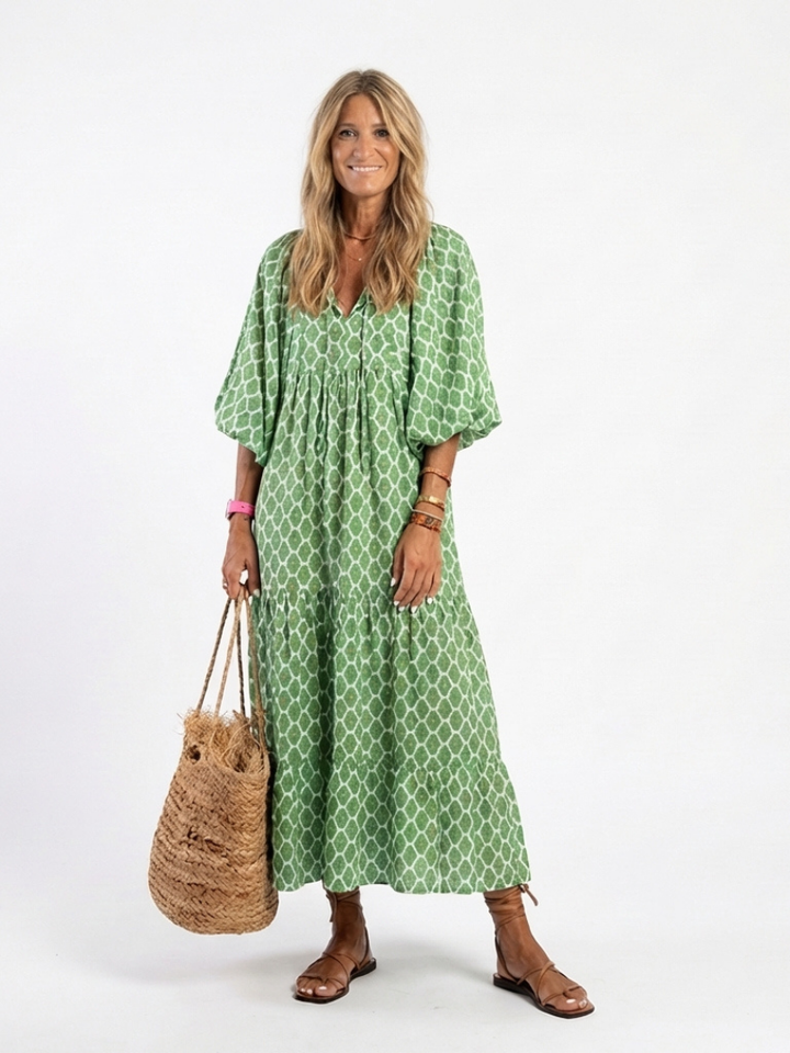 Apolline | Quiet V Neck Three Quarter Sleeve Midi Dress