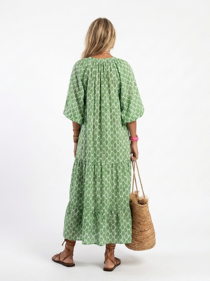 Apolline | Quiet V Neck Three Quarter Sleeve Midi Dress