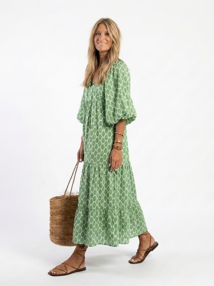 Apolline | Quiet V Neck Three Quarter Sleeve Midi Dress
