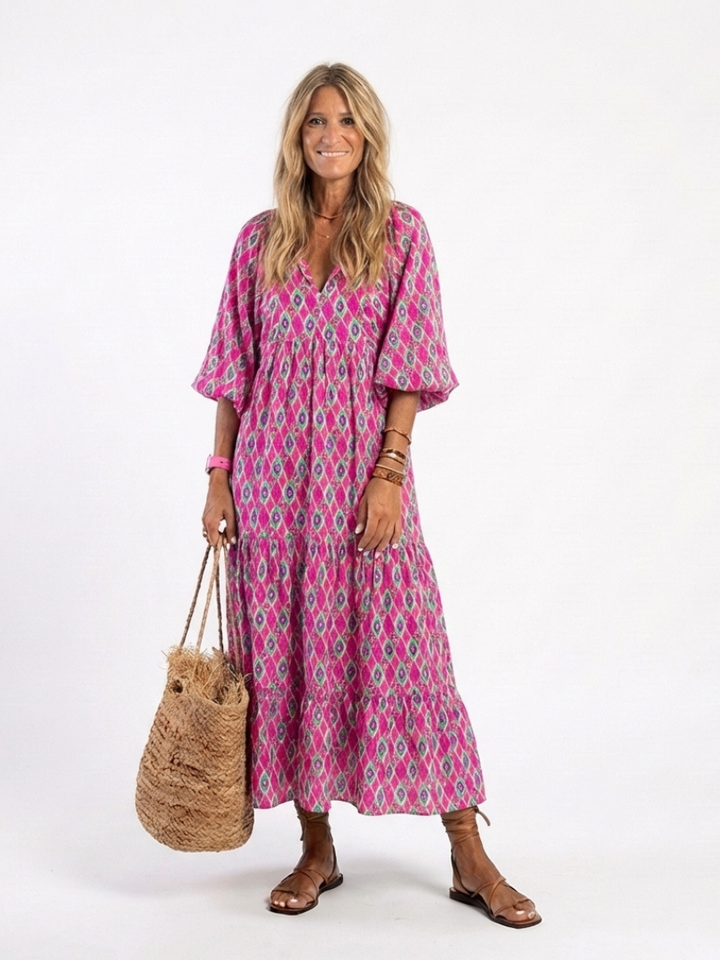Apolline | Quiet V Neck Three Quarter Sleeve Midi Dress