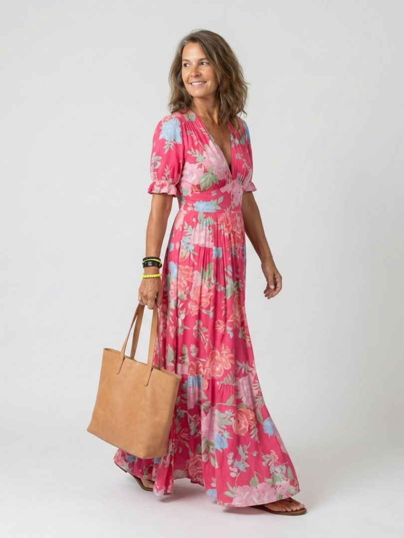 Ione | Effortless Floral V Neck Midi Dress
