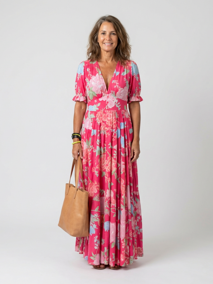 Ione | Effortless Floral V Neck Midi Dress