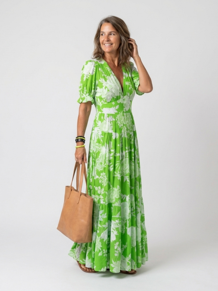 Ione | Effortless Floral V Neck Midi Dress