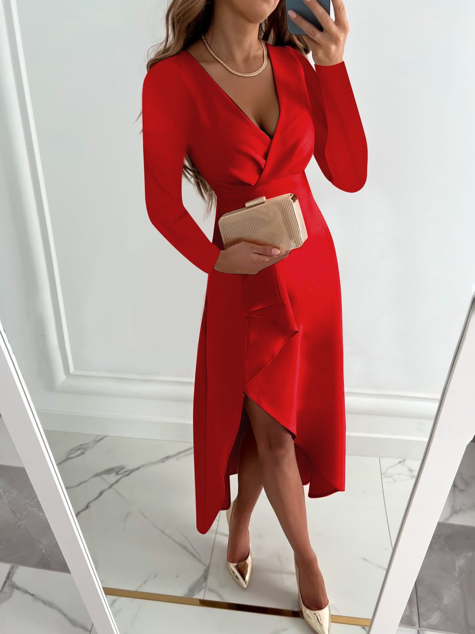 Wren | Long Sleeve Tapered Midi Dress with Scollo a V & Slit