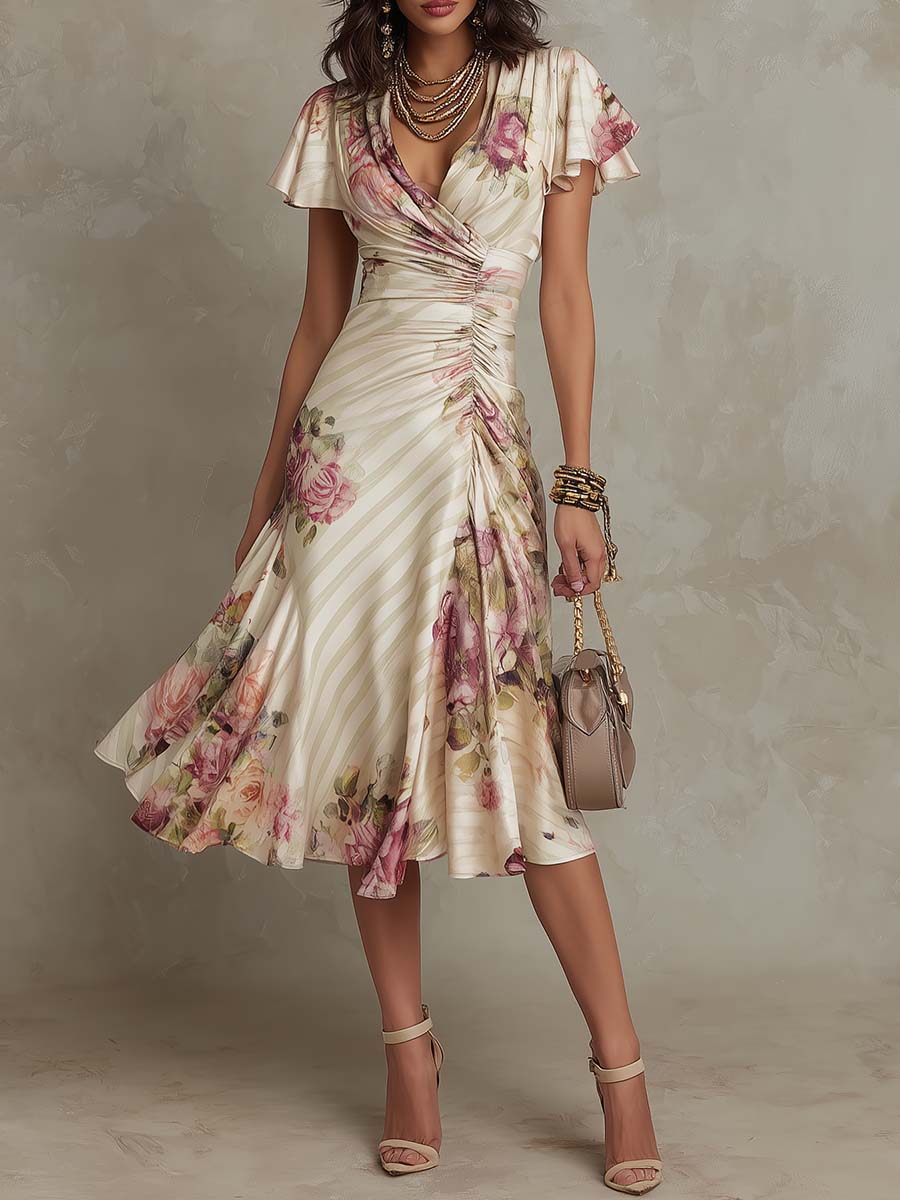 Alba | Elegantes Retro Floral Midi Kleid - Helen & Olivia Manhattan