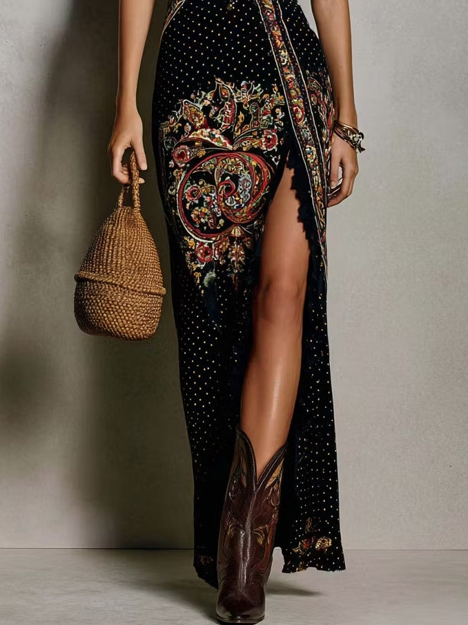 Sienna | Bohemian-Style Printed Dress with Deep V-Neck and High Slit - Helen & Olivia Manhattan