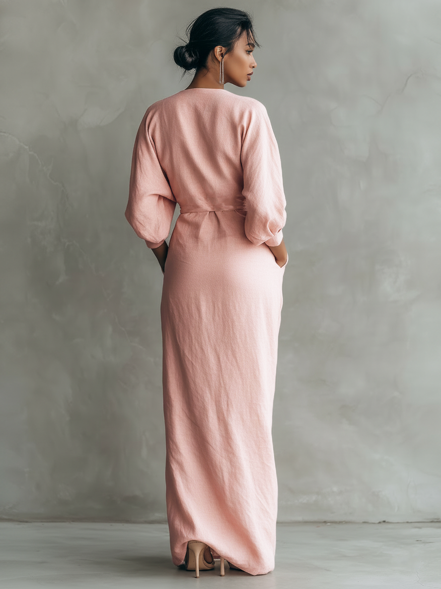 Rosa Leinen Maxi Kleid V-Hals - Brown