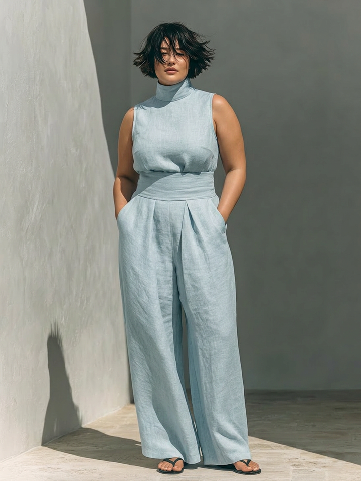 Marine | Sleeveless Blouse & Gamba Larga Pants Completo