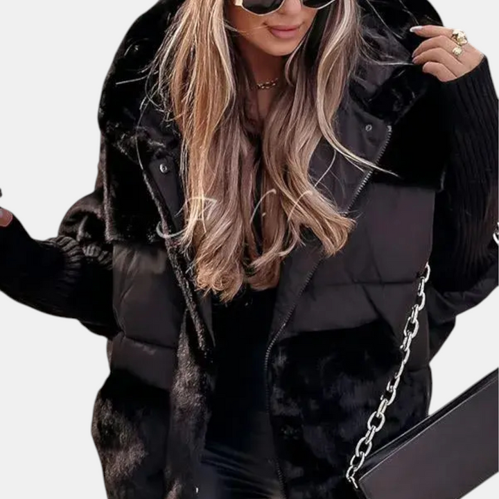 Oversized Hooded Patchwork Puffer Jacket - Grey
