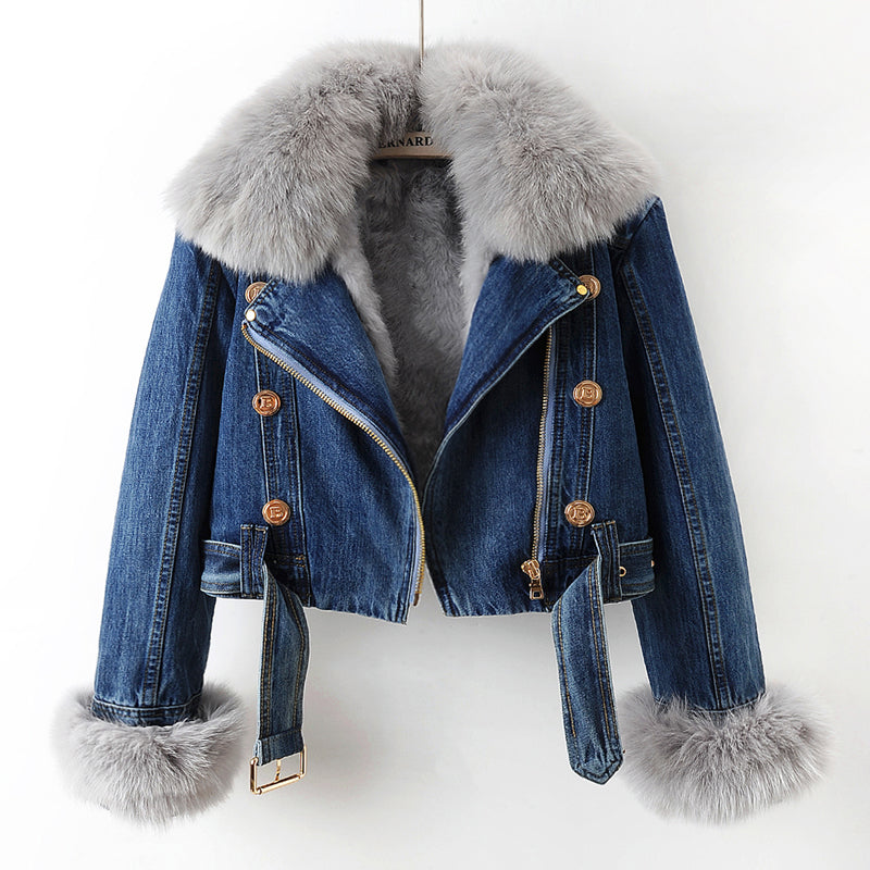 Margaux Luxe Lined Fox Fur Denim Coat - Dark Blue