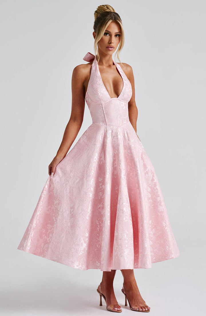 Pinklie | Dress Midi Floral with Collo Halter & Corsetto