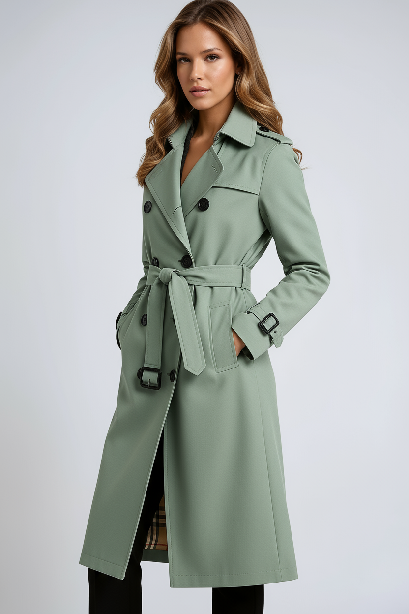 Clara | Stylish Double-Breasted Trench Coat with Belt - Navy