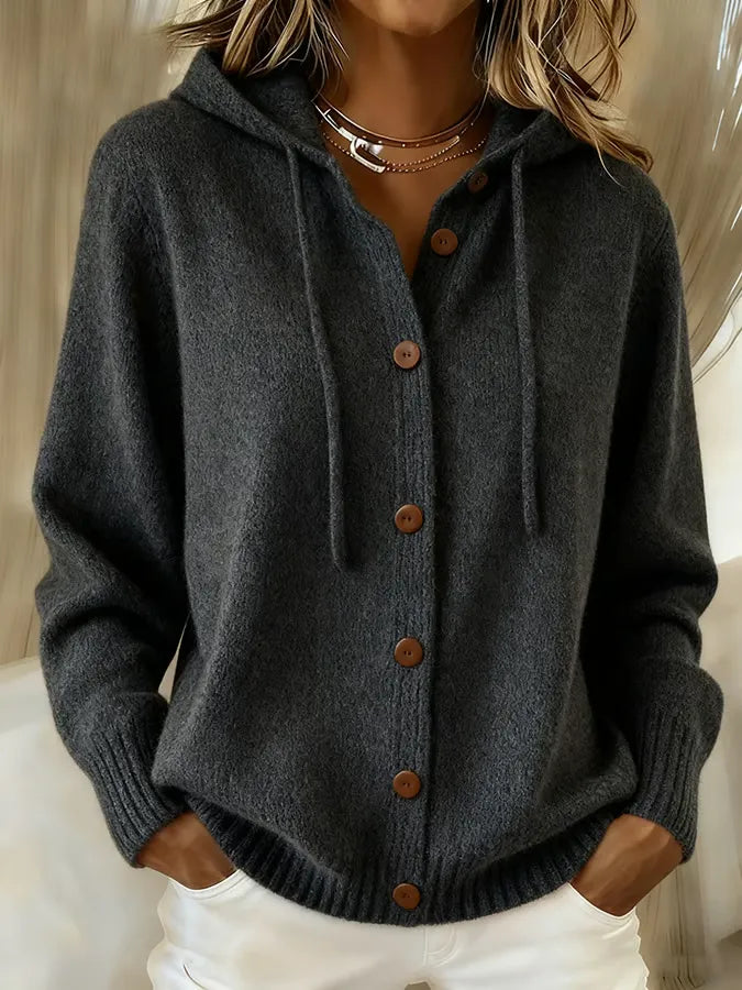Brenda | Cozy Button Cardigan Hoodie - Black