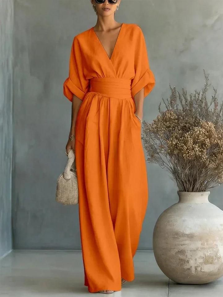 Maja | Eleganter V-Ausschnitt Hochtaillierter Jumpsuit - Helen & Olivia Manhattan