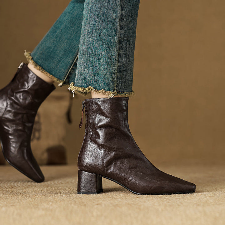 Riona – Genuine Leather Block Heel Ankle Boots - 