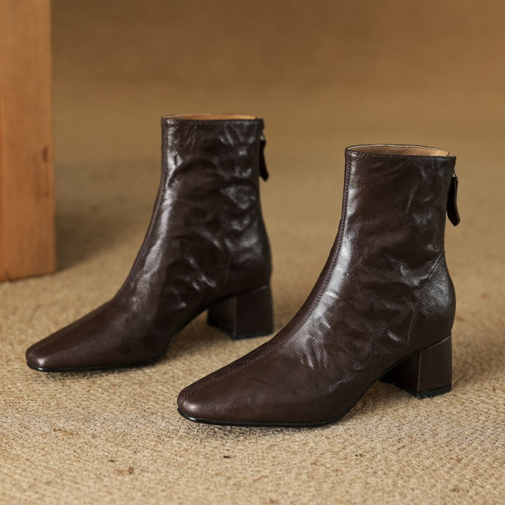 Riona – Genuine Leather Block Heel Ankle Boots - 