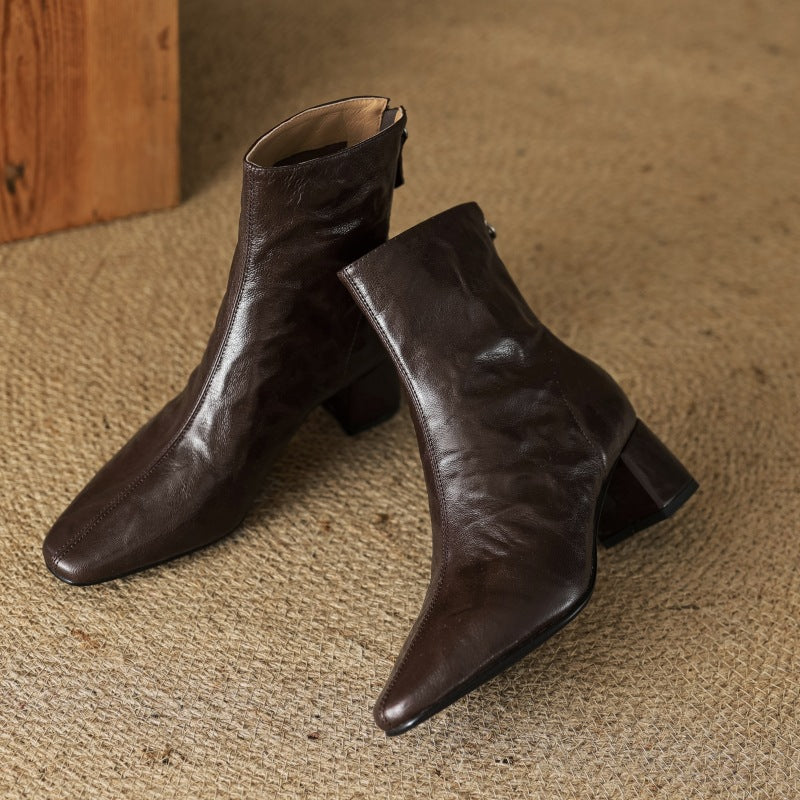 Riona – Genuine Leather Block Heel Ankle Boots - 