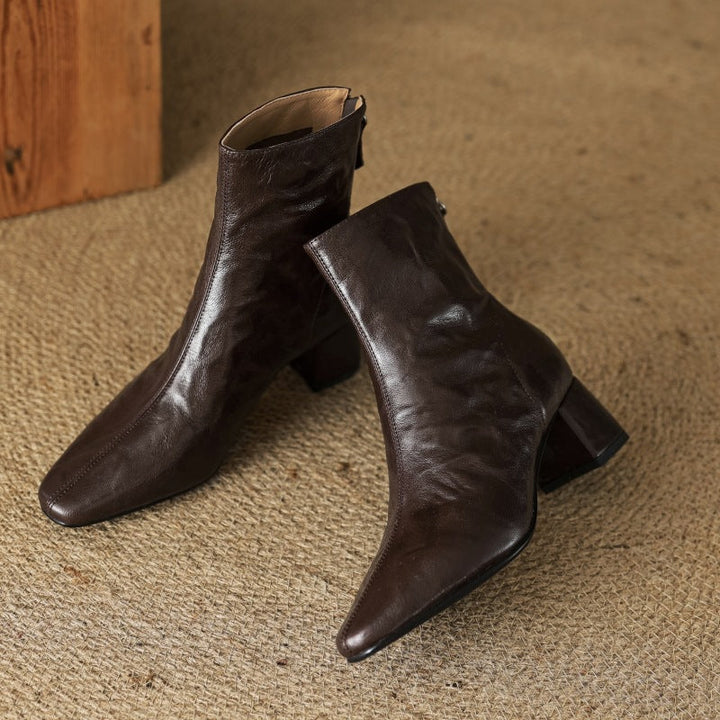 Riona – Genuine Leather Block Heel Ankle Boots - 