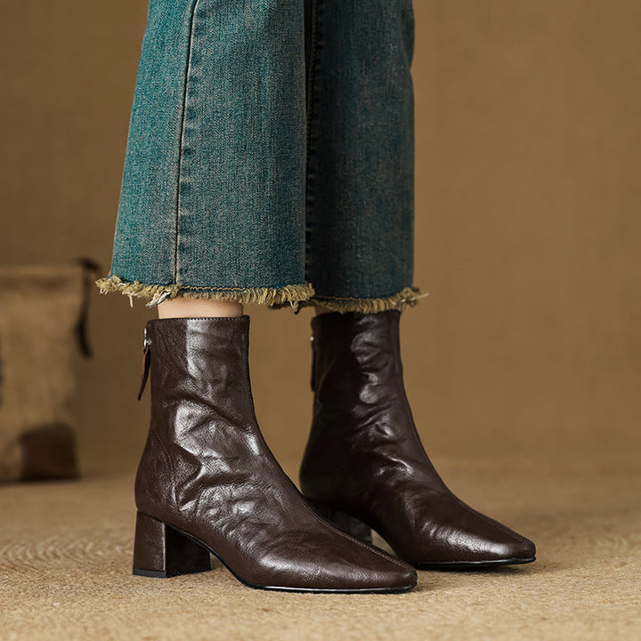 Riona – Genuine Leather Block Heel Ankle Boots - Taupe