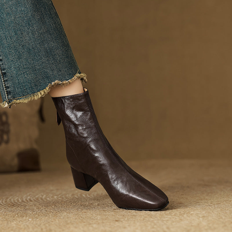 Riona – Genuine Leather Block Heel Ankle Boots - Brown