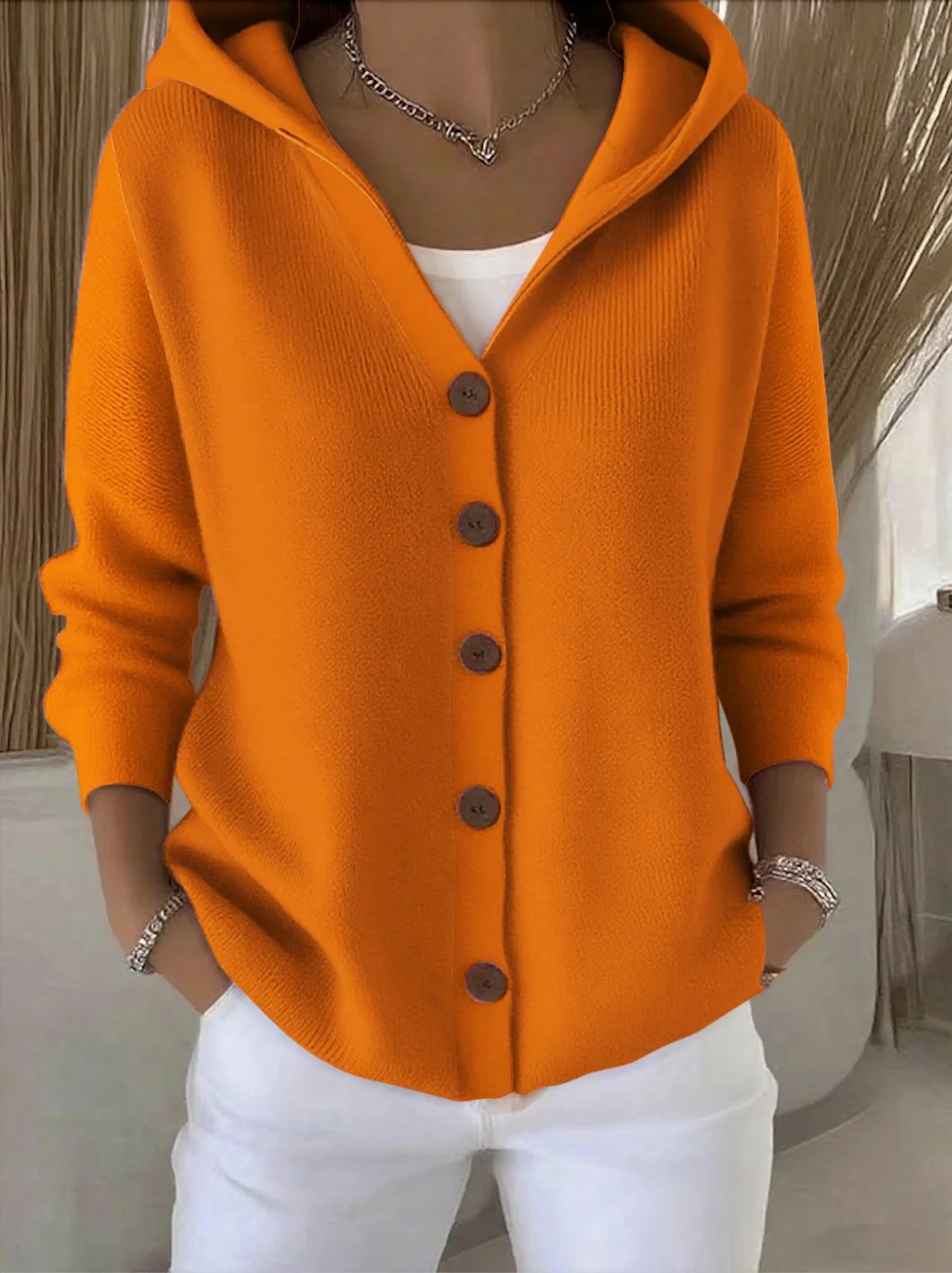 Darienne | Hooded Button-Up Knit Cardigan - Orange