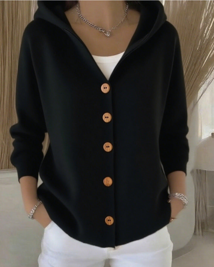 Darienne | Hooded Button-Up Knit Cardigan - Black