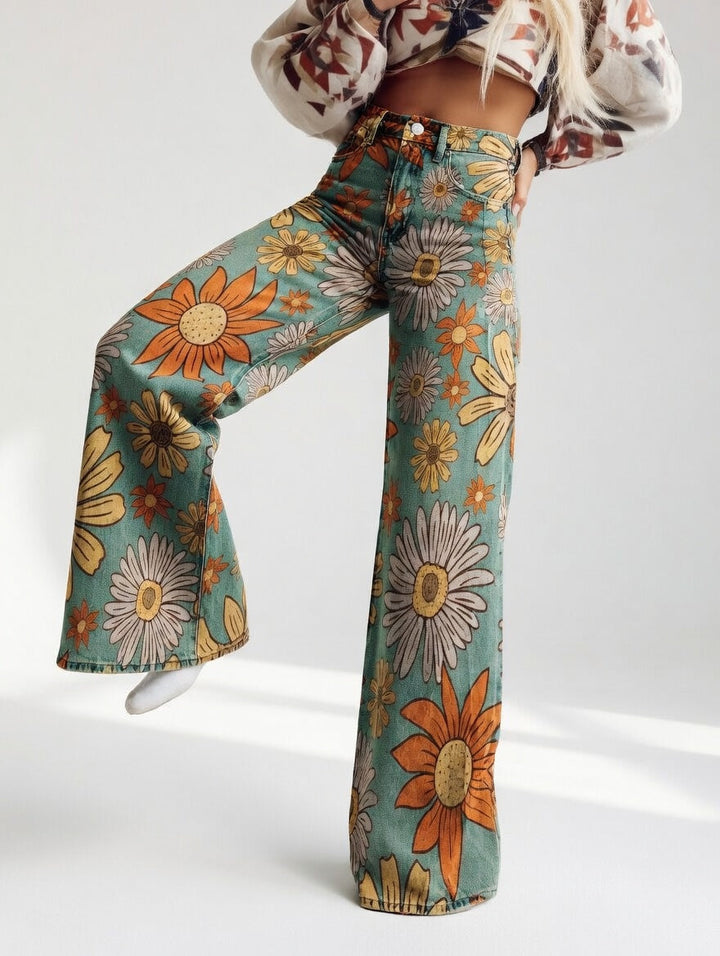 Dimity | Vintage Floral Stampa Gamba Larga Retro Pants