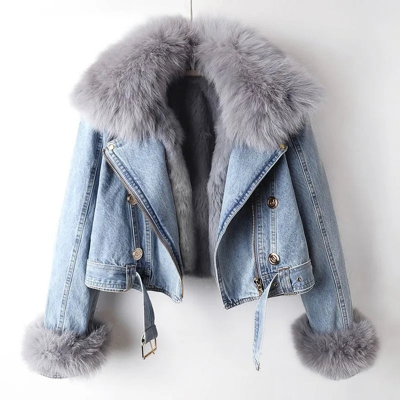Margaux Luxe Lined Fox Fur Denim Coat - Light Blue