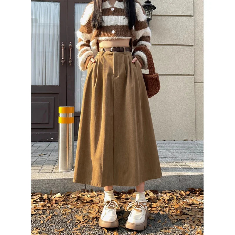 Estelle | Classic Belt Corduroy Midi Skirt