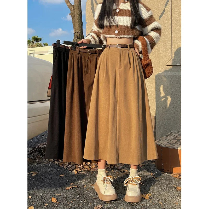Estelle | Classic Belt Corduroy Midi Skirt