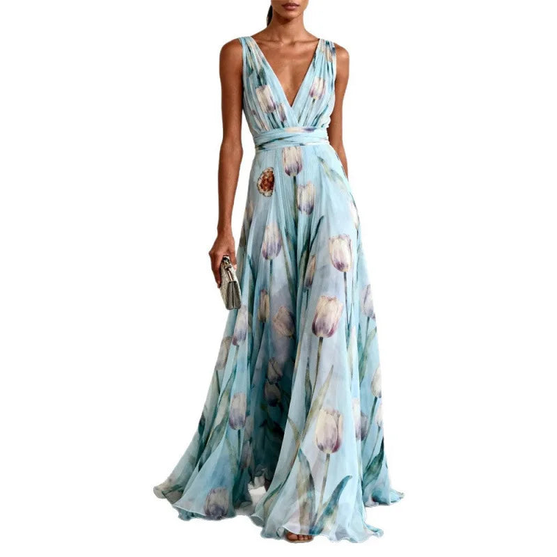 Cosima | Tulip Stampa Chiffon V-Neck Maxi Dress