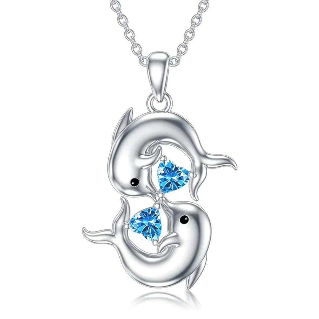 Necklace in Silver with Double Dolphins & Crystal Blue