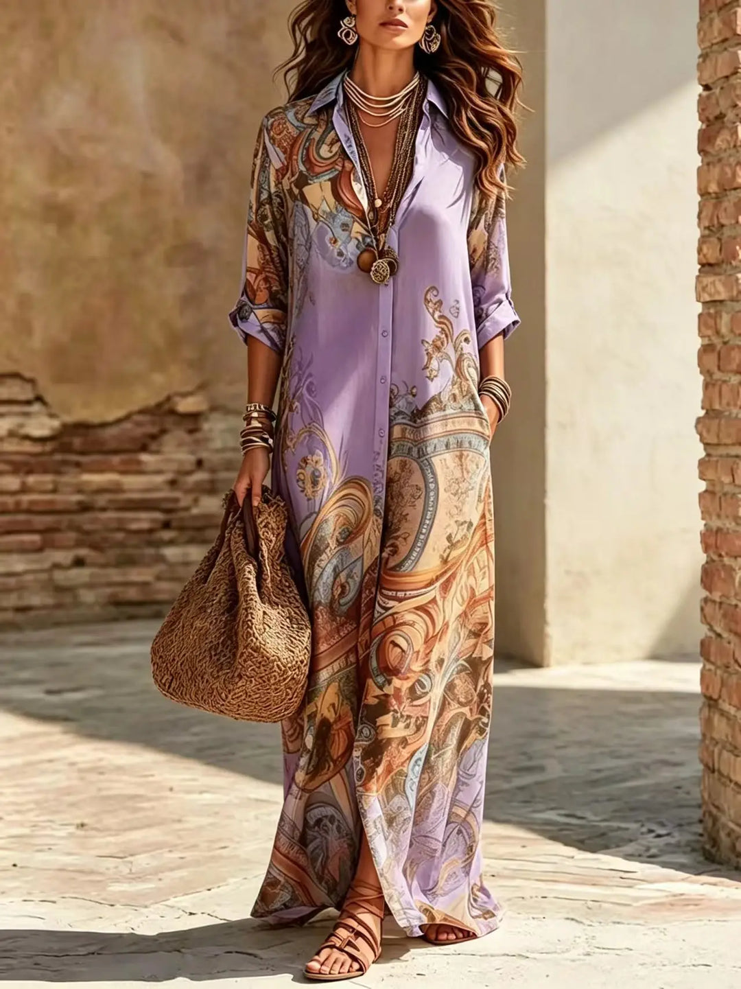 Saffron | Boho Stampa with Bottoni Shirt Maxi Dress