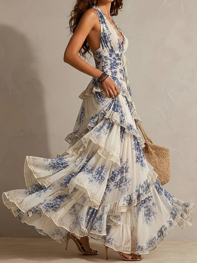Mireille | Ruffled Halter Backless Stampa Maxi Dress