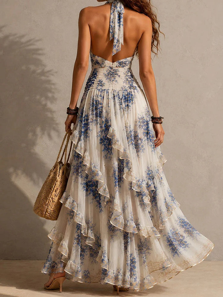 Mireille | Ruffled Halter Backless Stampa Maxi Dress