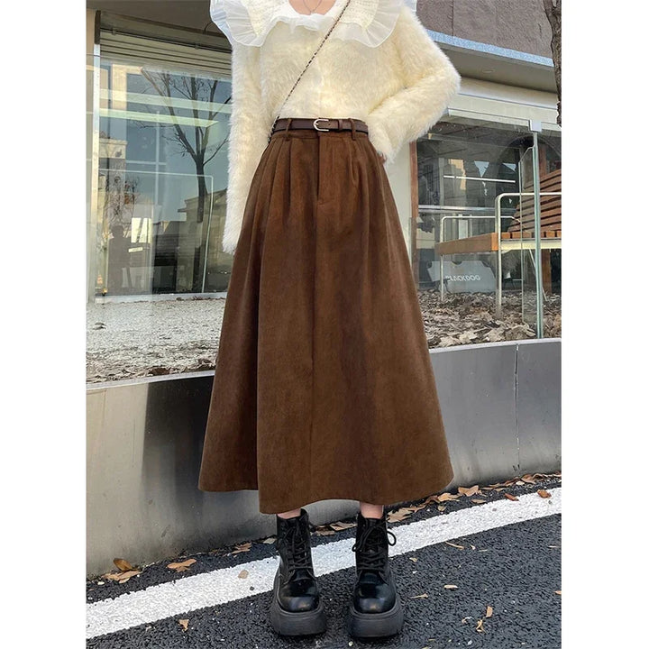 Estelle | Classic Belt Corduroy Midi Skirt