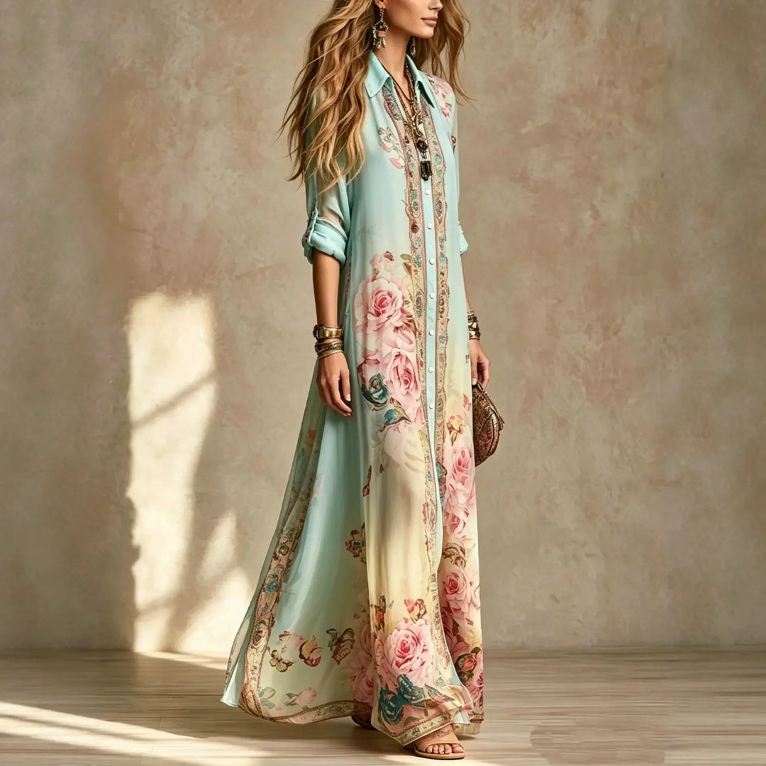 Ottilie | Boho Floral Stampa Shirt Maxi Dress