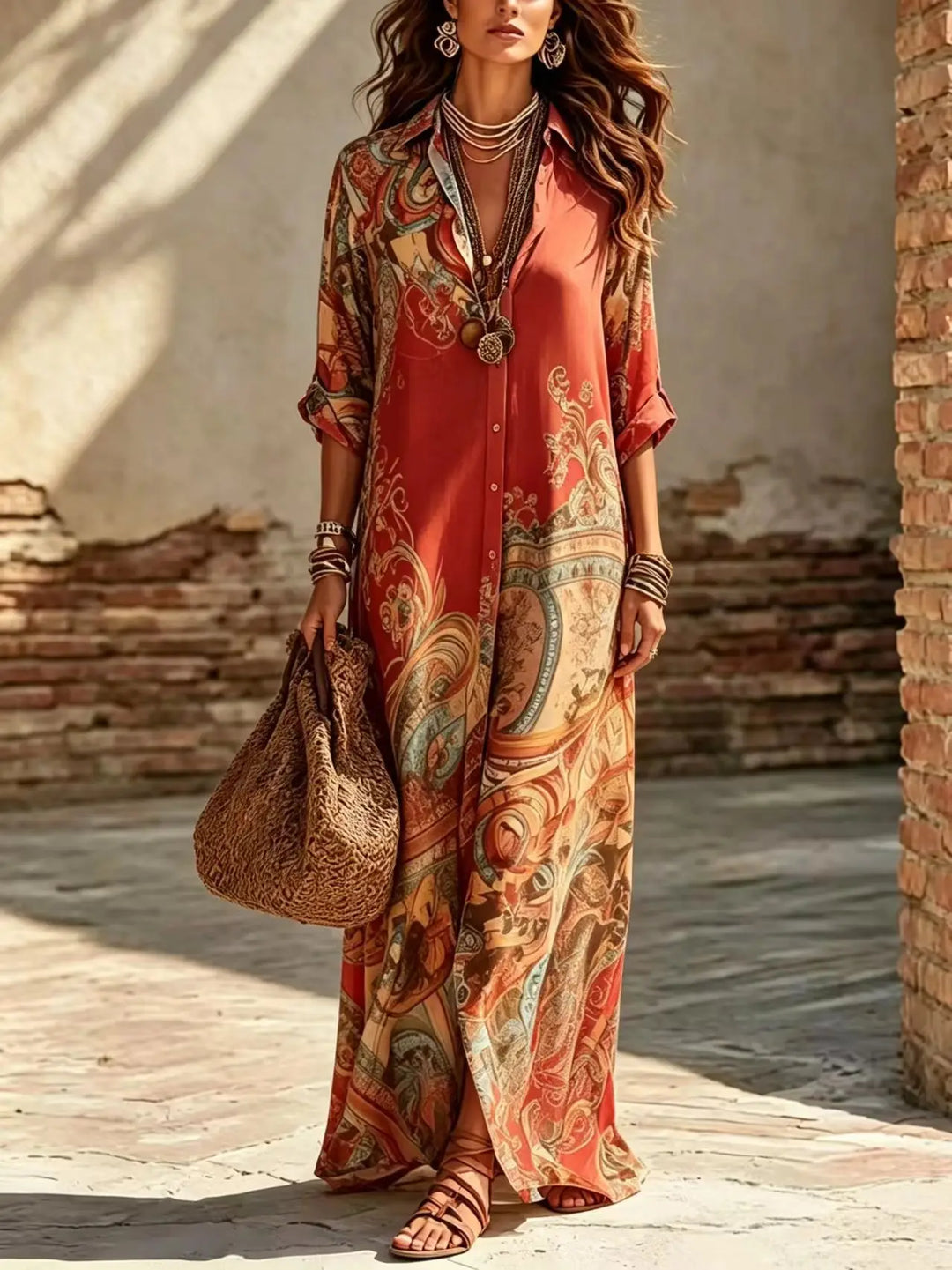 Saffron | Boho Stampa with Bottoni Shirt Maxi Dress
