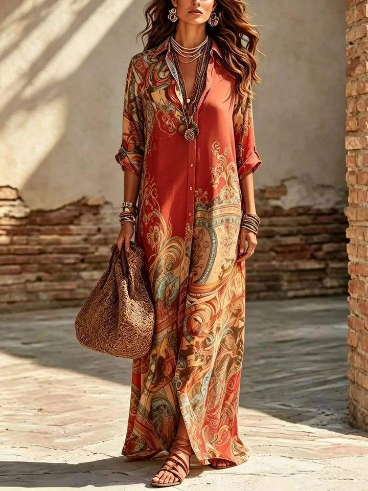 Saffron | Boho Stampa with Bottoni Shirt Maxi Dress