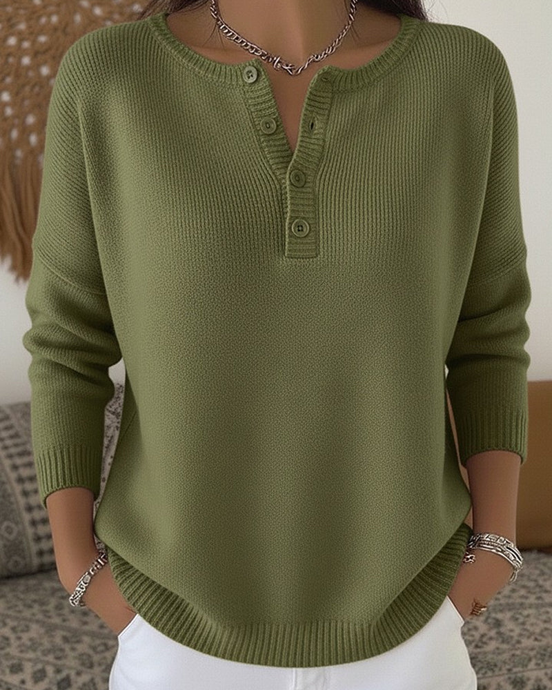 Helena | Ribbed Henley Sweater - Brown