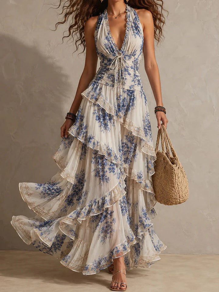 Mireille | Ruffled Halter Backless Stampa Maxi Dress