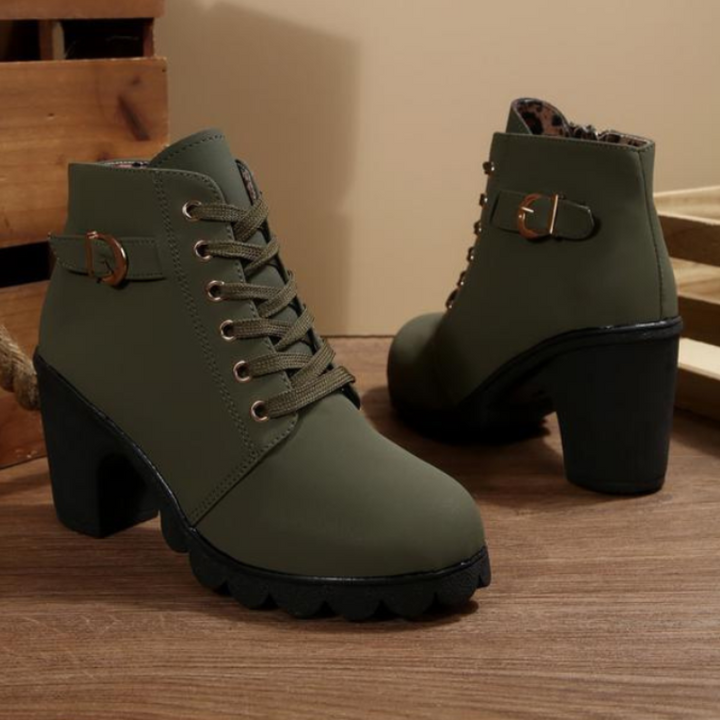 Karin Chic Lace | Up Metal Buckle Chunky Ankle Boots - Green