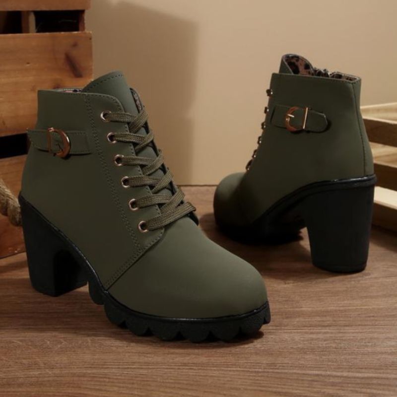 Karin Chic Lace | Up Metal Buckle Chunky Ankle Boots - Green