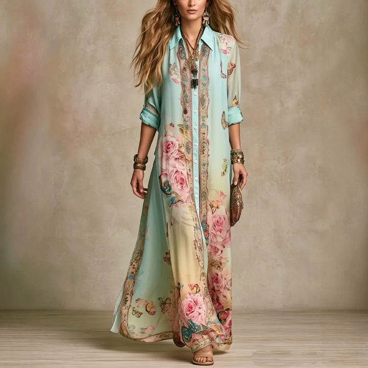 Ottilie | Boho Floral Stampa Shirt Maxi Dress