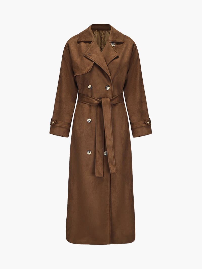 Nadine | Chic Long Suede Trench Coat with Waist Belt - Brown