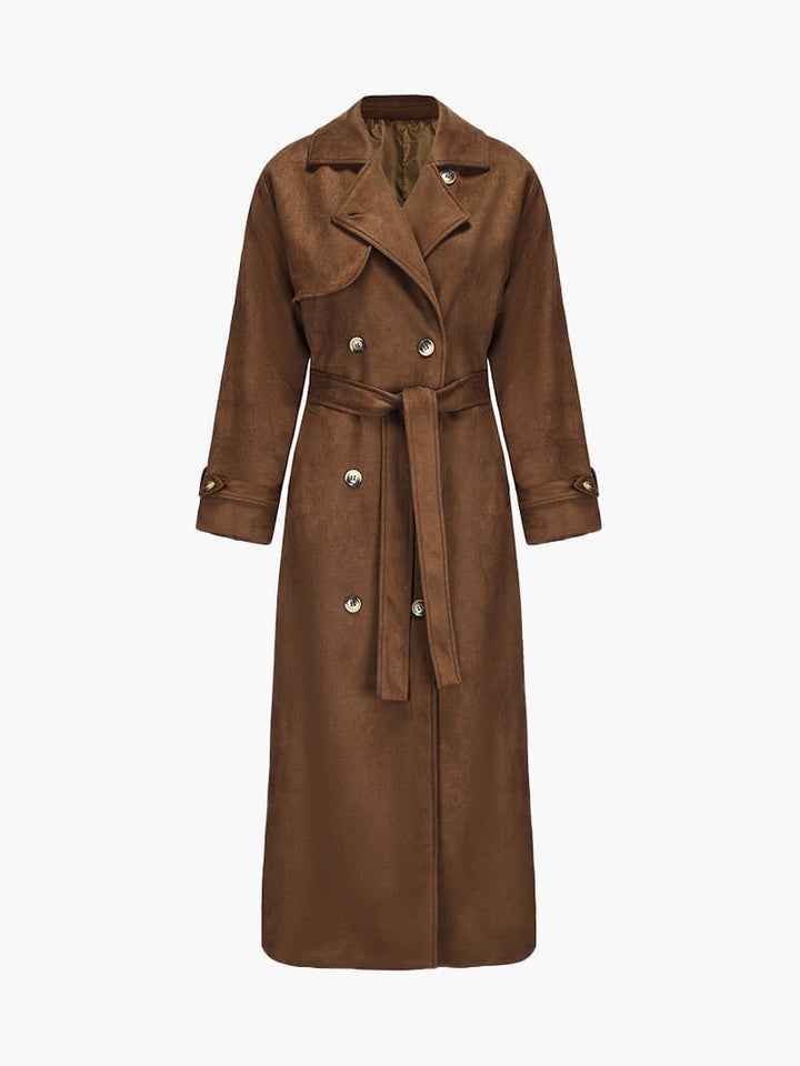 Nadine | Chic Long Suede Trench Coat with Waist Belt - Brown