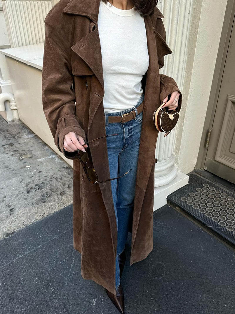 Nadine | Chic Long Suede Trench Coat with Waist Belt - 