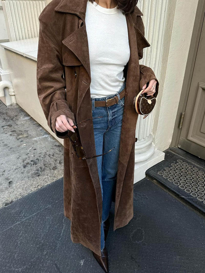Nadine | Chic Long Suede Trench Coat with Waist Belt - 