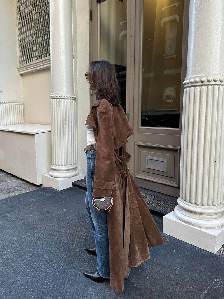 Nadine | Chic Long Suede Trench Coat with Waist Belt - 