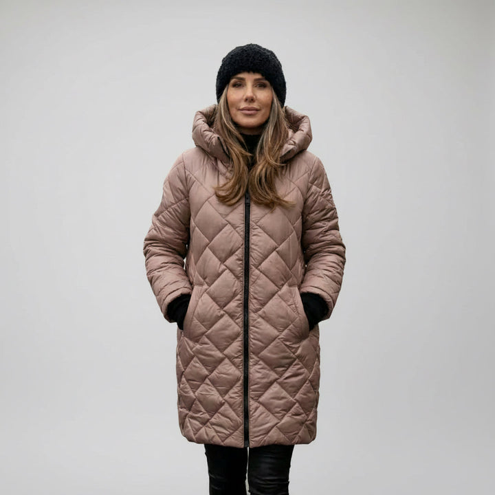 Claire | Quilted Hooded Long Coat - Taupe